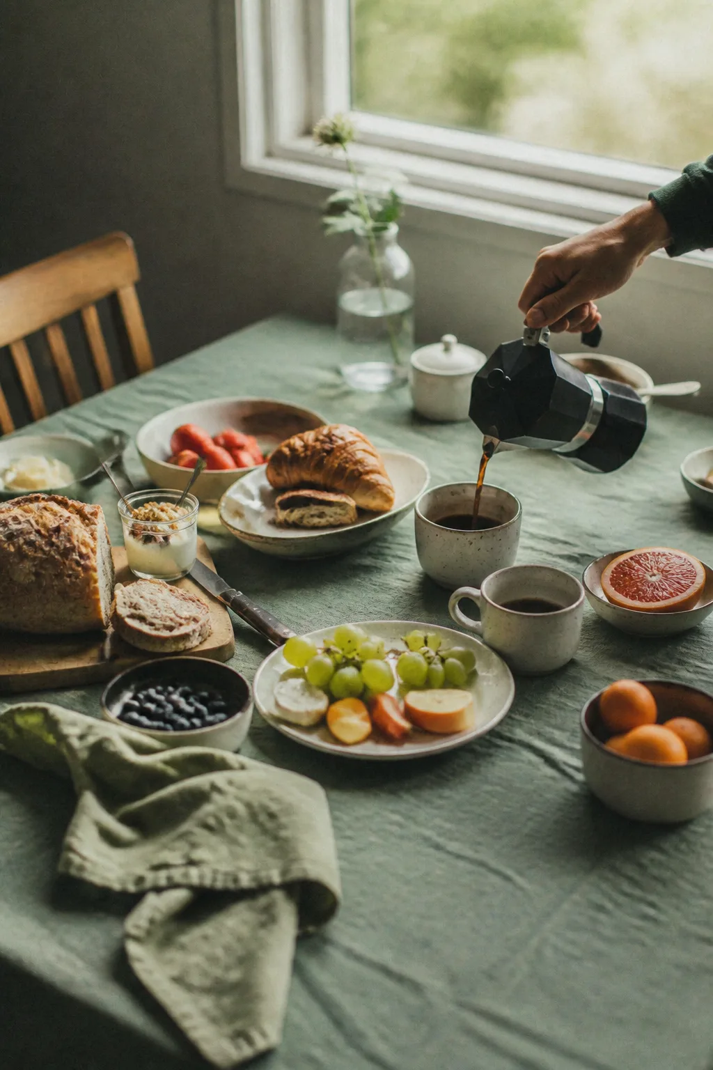 Brunch-Tisch mit Kaffee, Obst, Brot und warmen Speisen