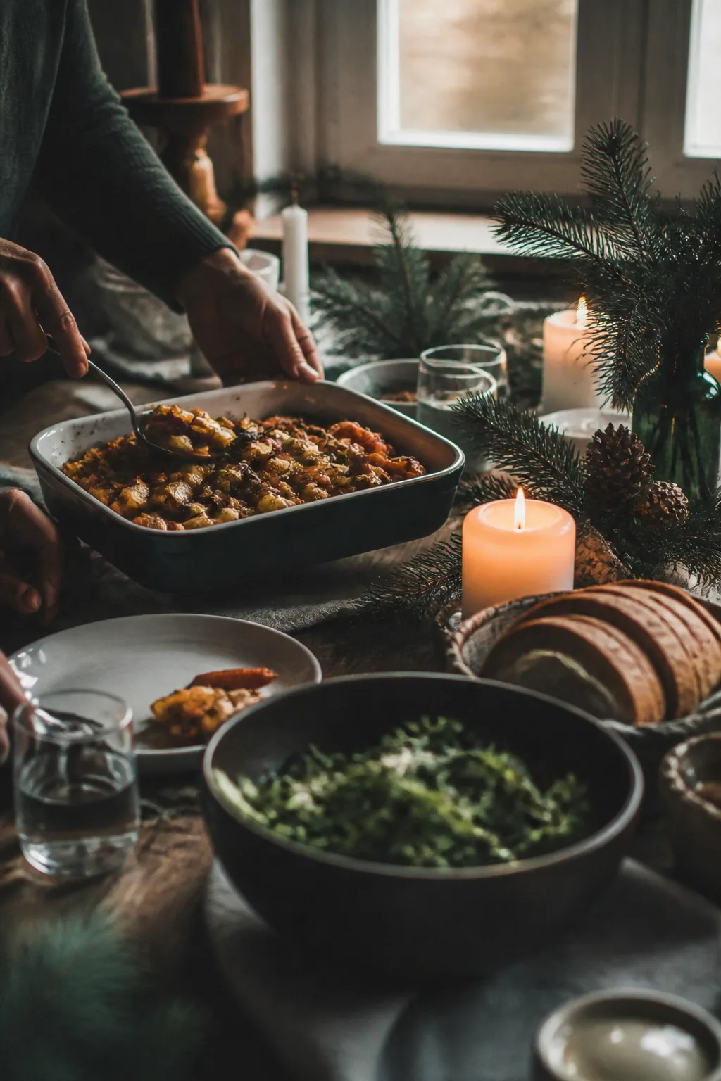 Warme Weihnachtstafel mit Essen, Brot und Kerzen