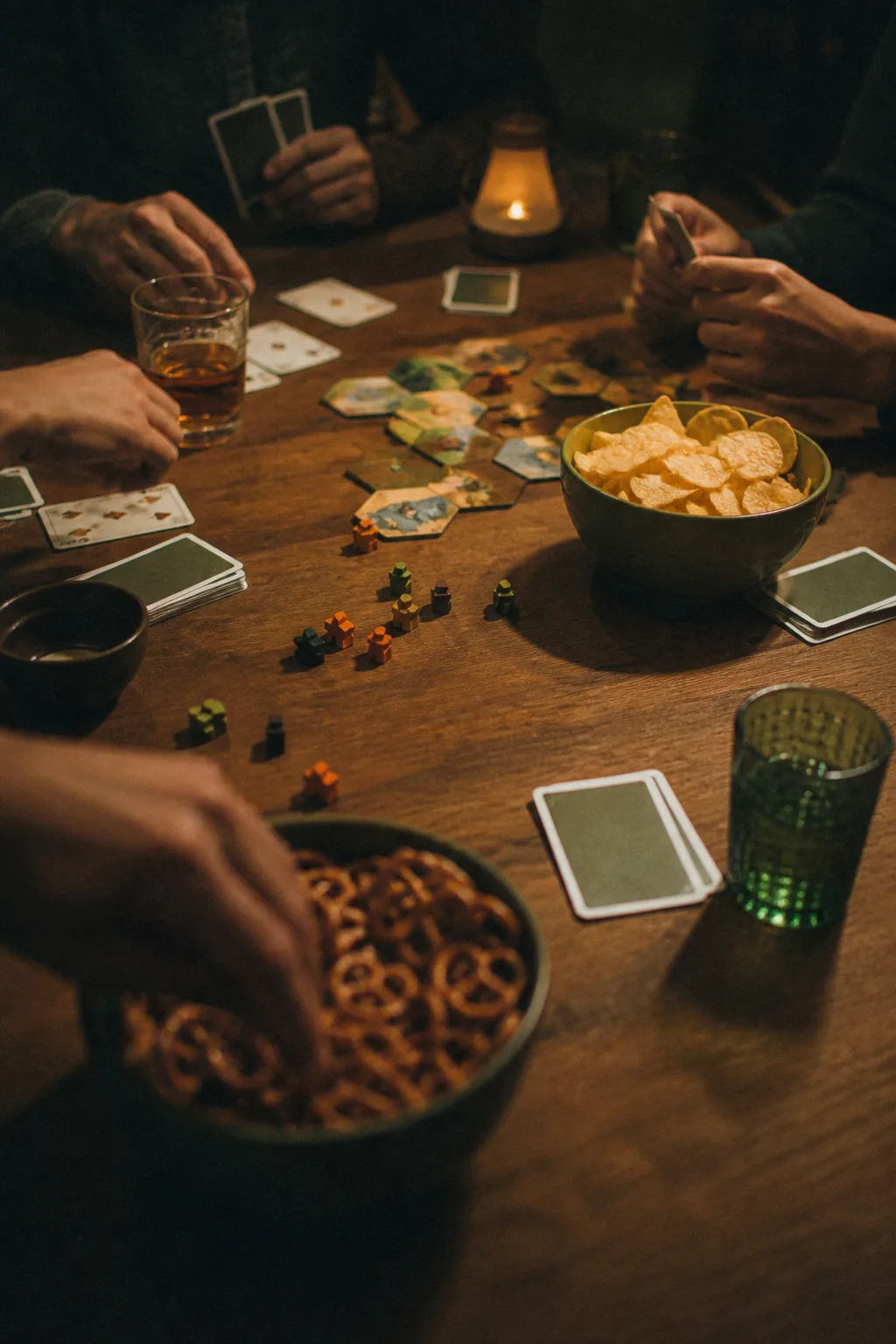 Spieleabend mit Karten, Snacks und Getränken auf einem Holztisch