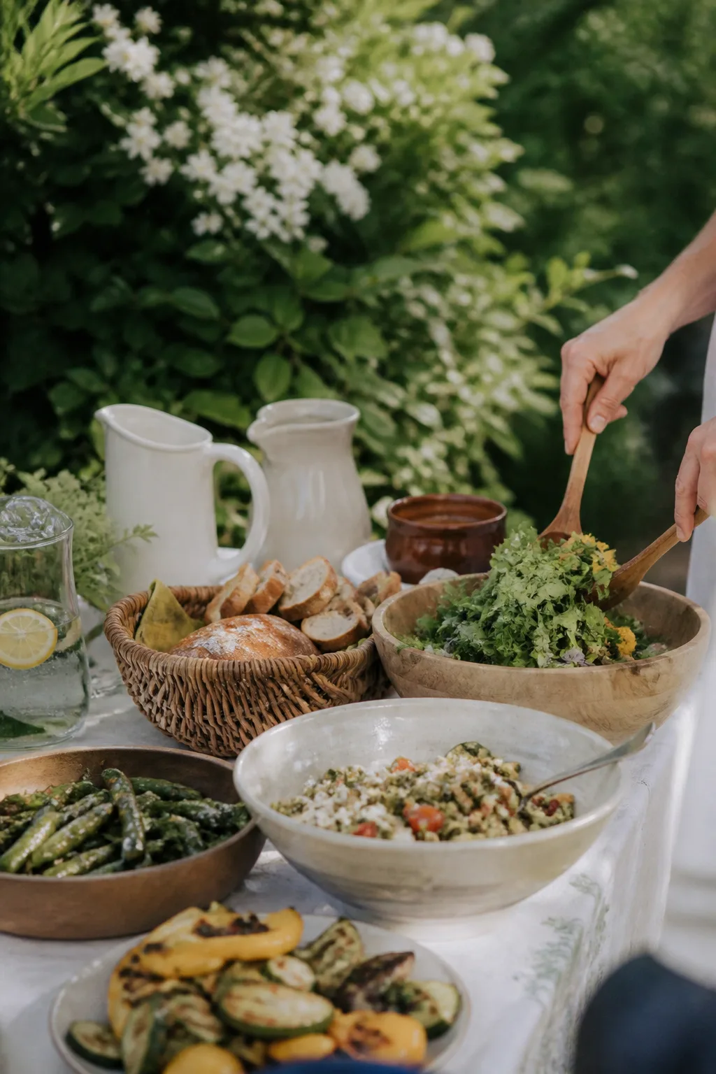 Gartenparty-Buffet mit Salaten, Brot und Gemüse