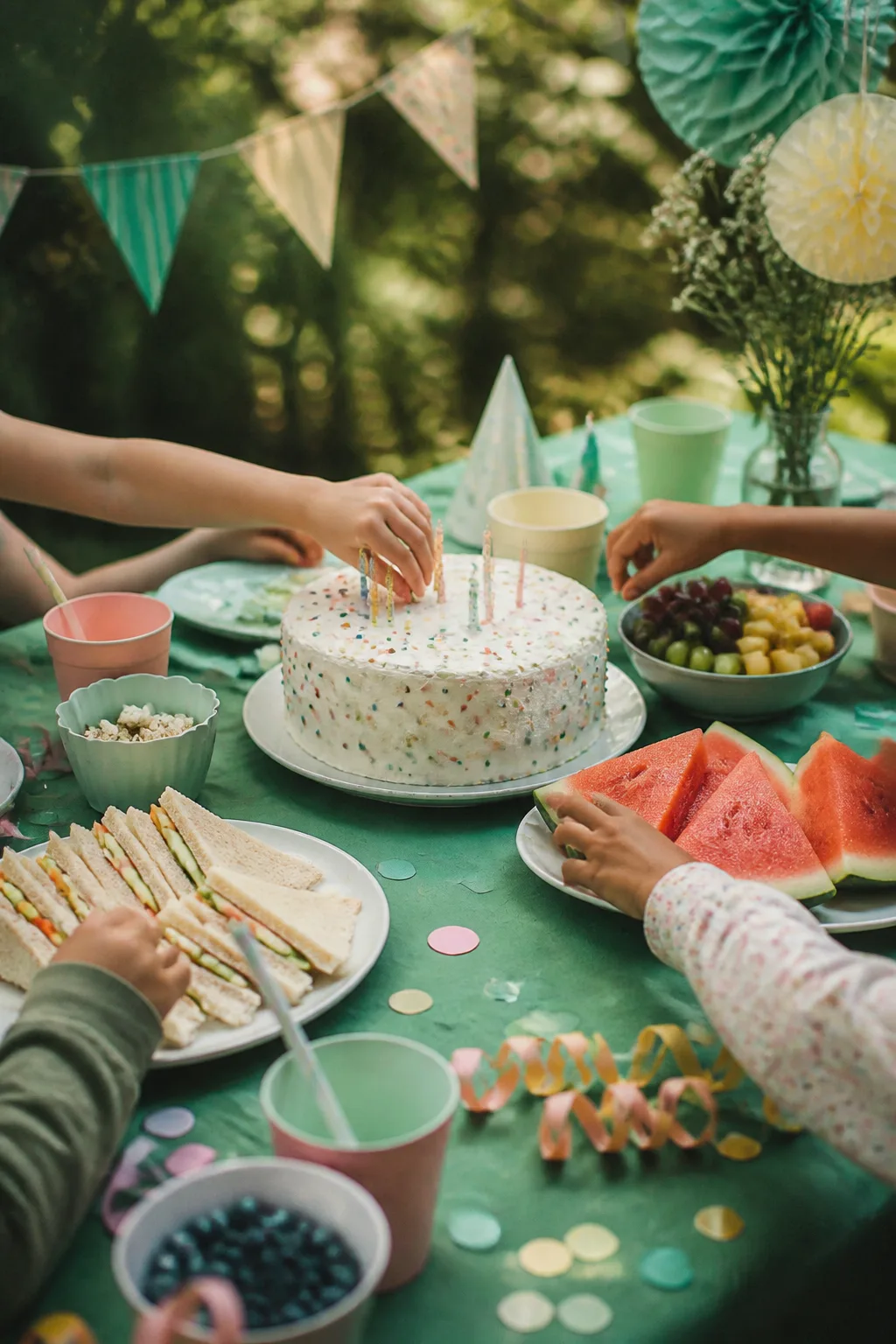 Bunter Tisch für einen Kindergeburtstag mit Kuchen und Snacks