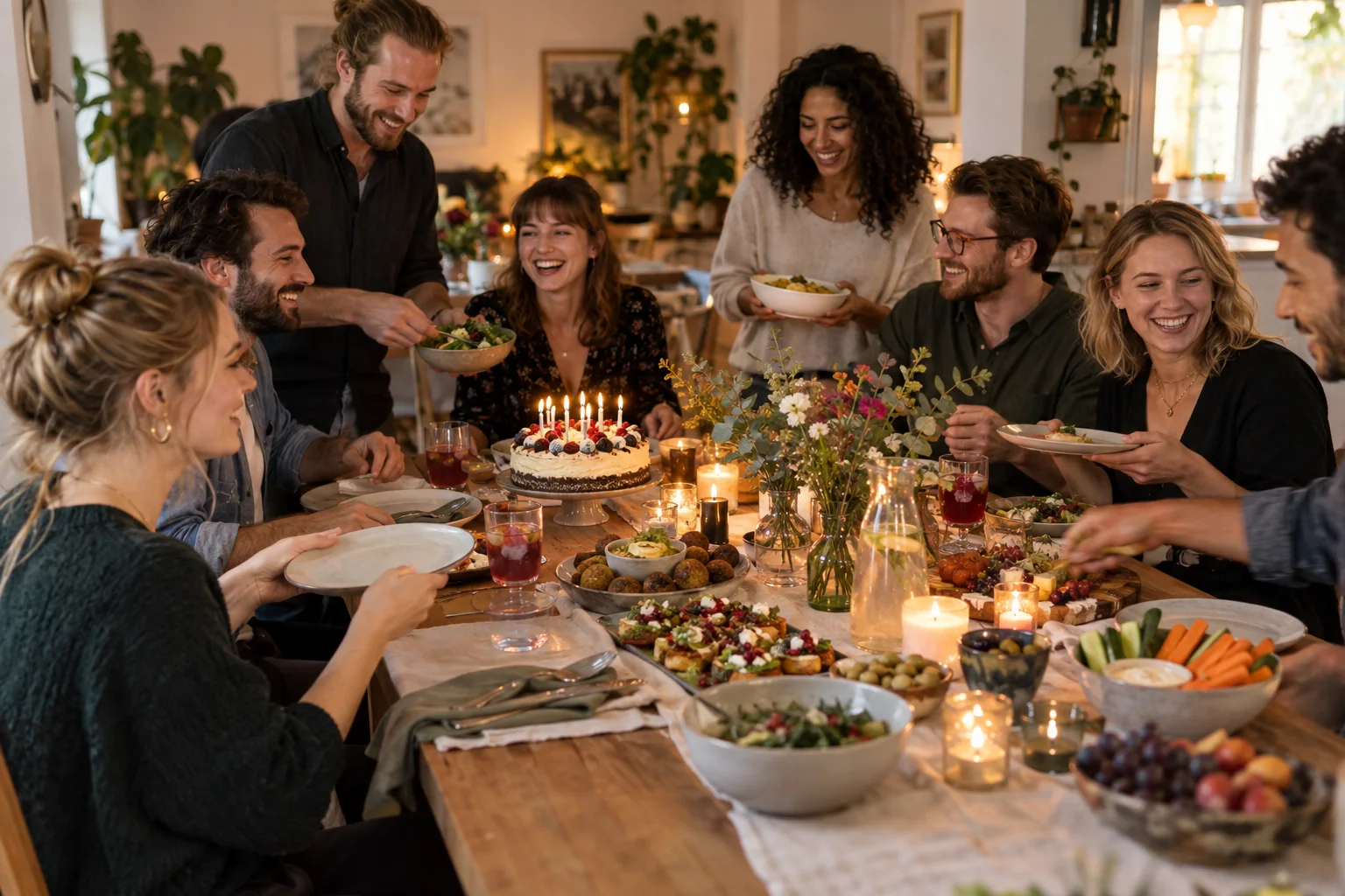 Gemütlicher Geburtstagsabend zu Hause mit Kuchen, Fingerfood und Gästen am Tisch