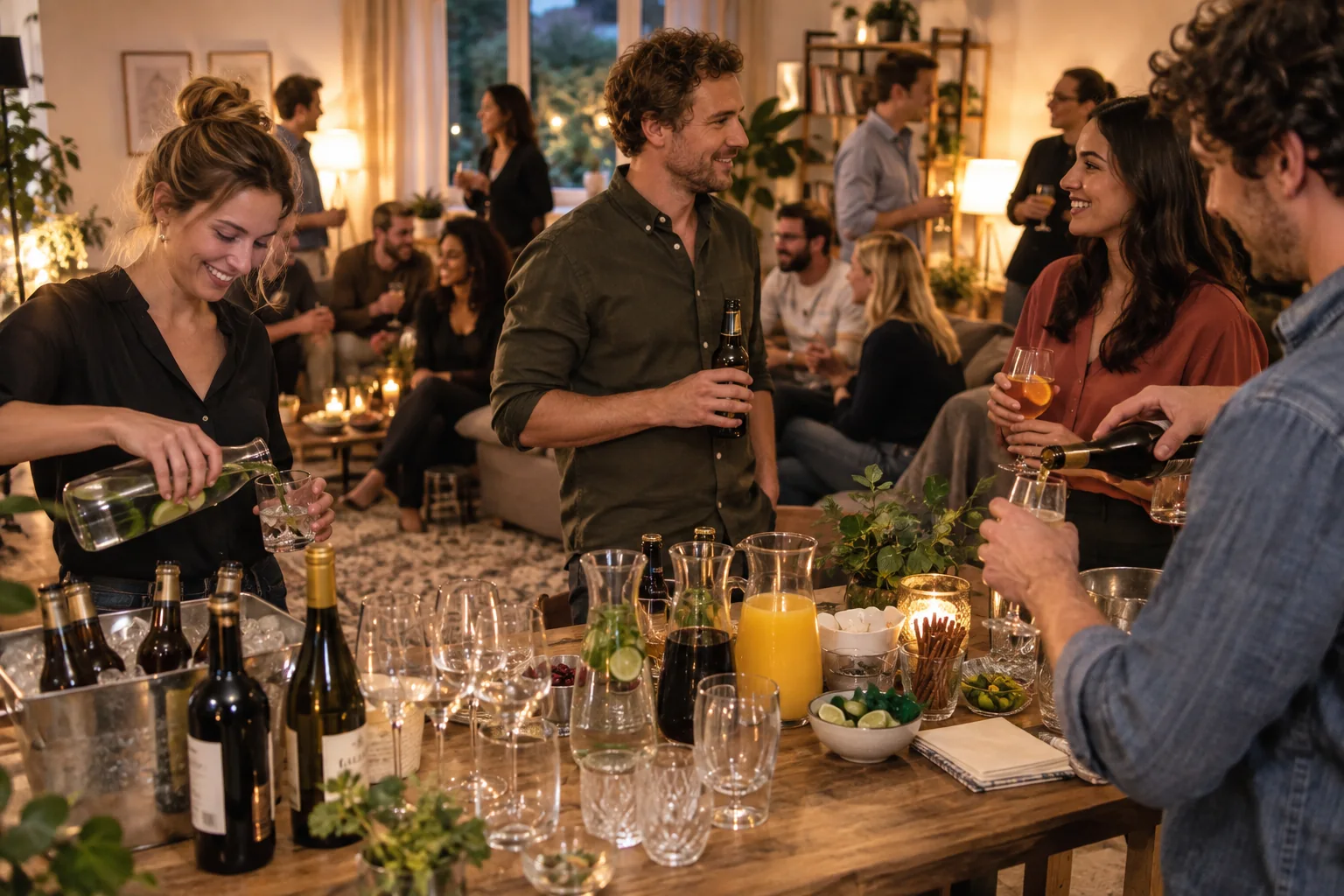Freundinnen und Freunde stehen an einem Getränketisch mit Wasser, Saft, Softdrinks, Bier und Wein