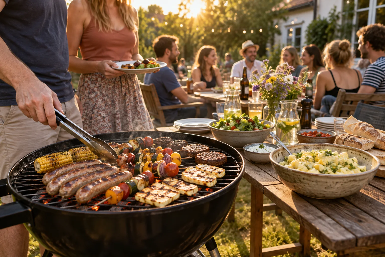 Sommerliche Grillparty im Garten mit Grill, Salaten, Baguette und Freundinnen und Freunden