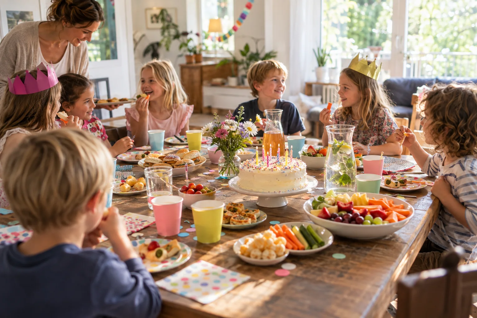 Kinder sitzen an einem Geburtstagstisch mit Kuchen, Obst, Fingerfood und Saft