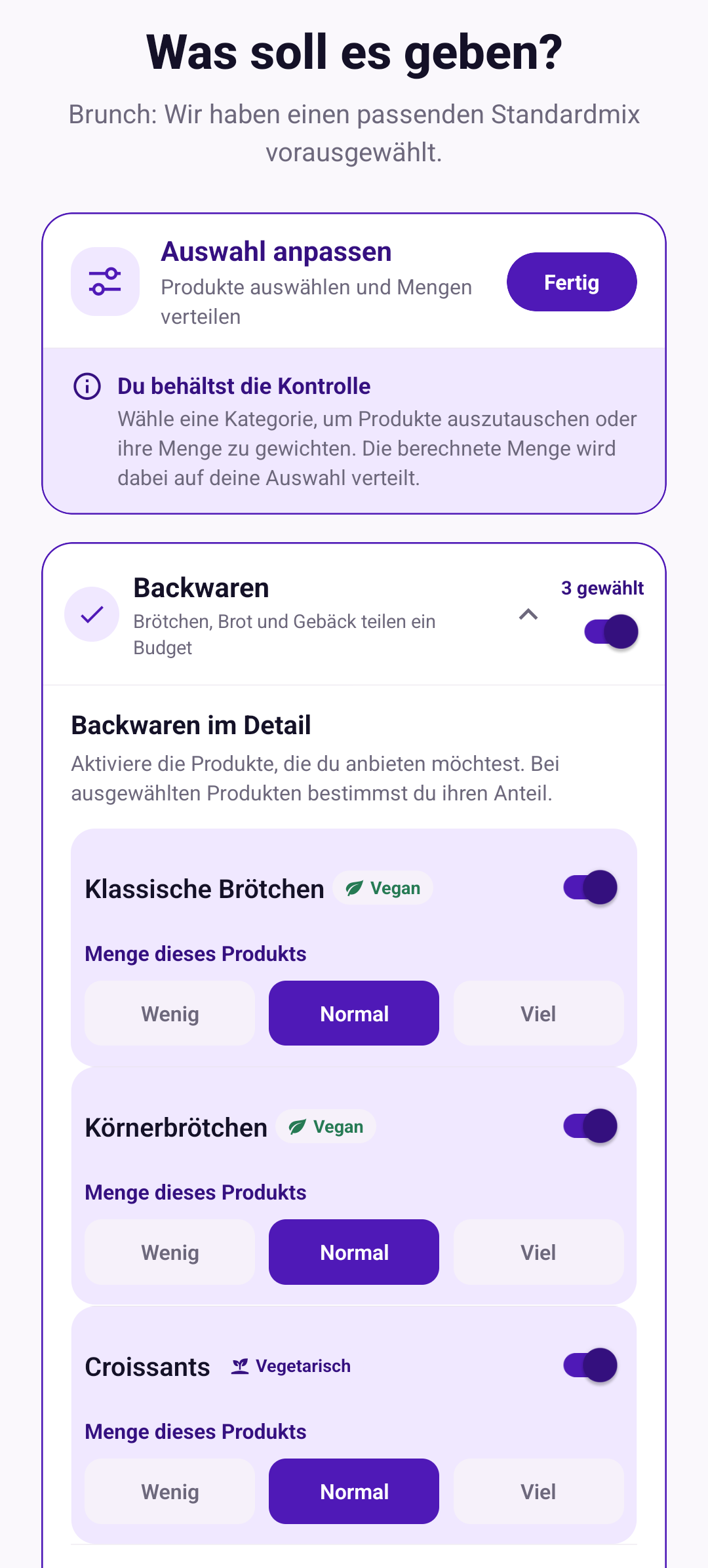 PlanParty Produktdetails mit Gewichtung für einzelne Brunch-Produkte