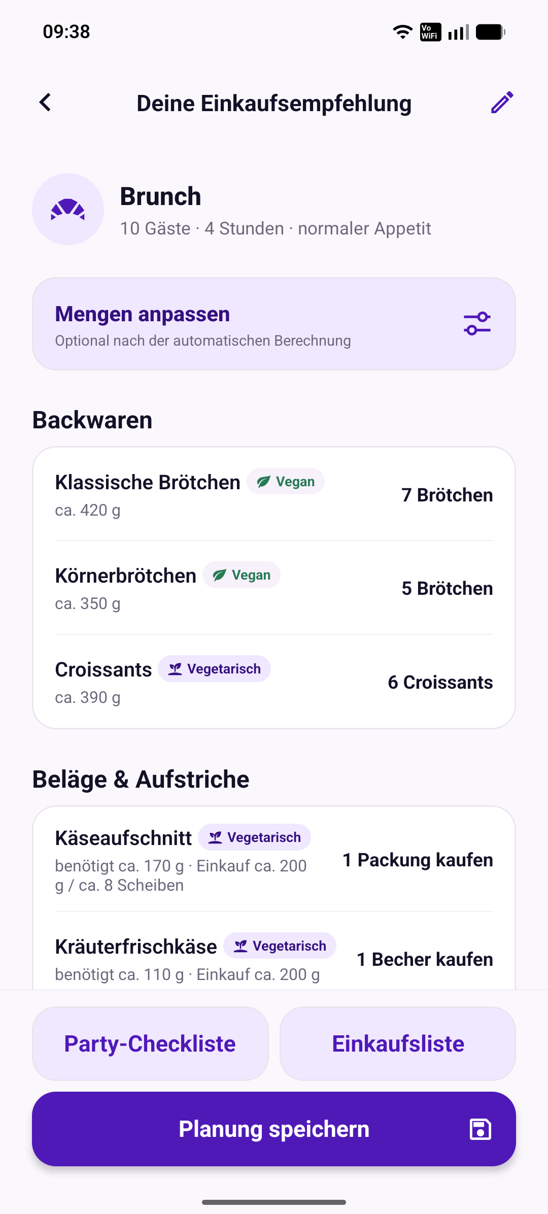 PlanParty Einkaufsempfehlung mit Grillgut und Beilagen